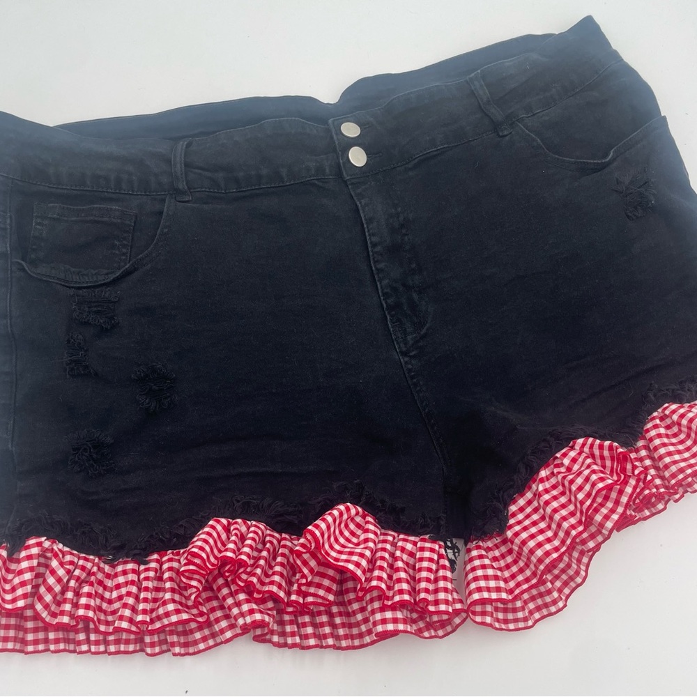 Plus Size Black Denim Shorts with Red Gingham Ruffle